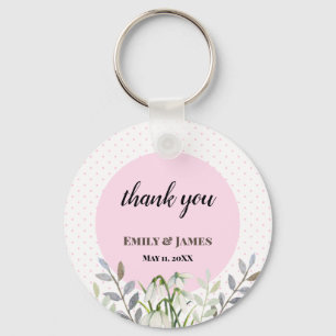Cute Wedding White Snowdrops Pink Polka Dots Key Ring