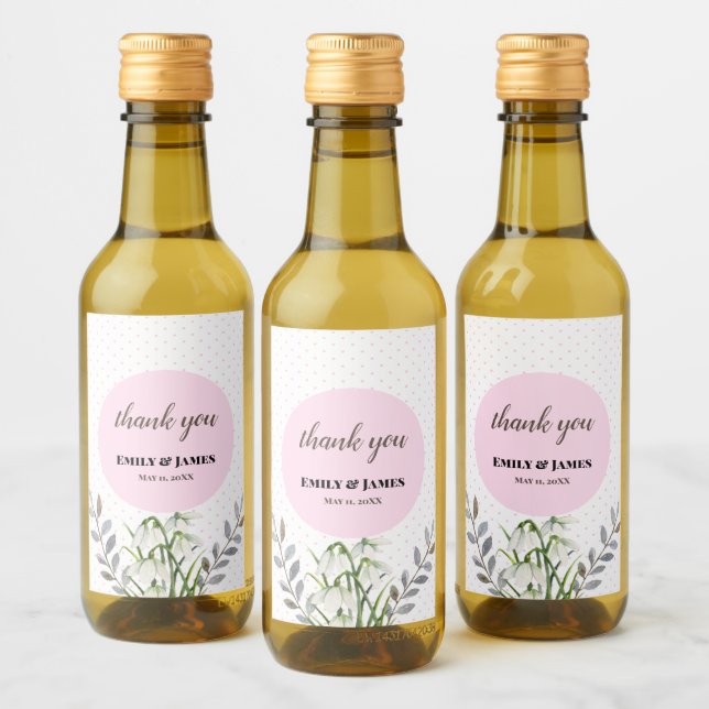 Cute Wedding White Snowdrops Pink Polka Dots Wine Label (Bottles)