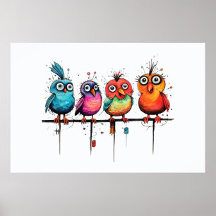 Cute Weird Birds sitting on a Branch poster
