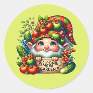 Cute welcome garden gnome classic round sticker