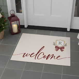 Cute Welcome Monogram Crest Holiday Bow Christmas Doormat