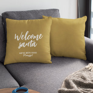 Cute "Welcome Santa" Christmas Holiday Gold Cushion
