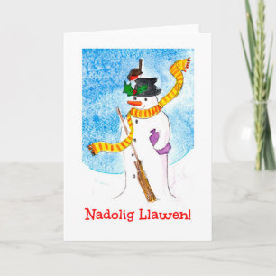 Cute Welsh Christmas Card, Snowman and Robin Holiday Card