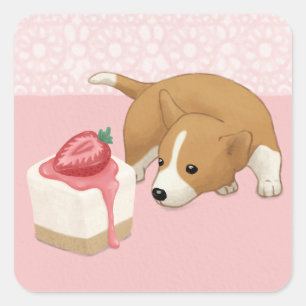 Cute Welsh Corgi and Cheesecake Illustration Art Square Sticker