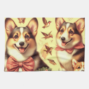 Cute Welsh Corgi Cardigan Illustration Tea Towel