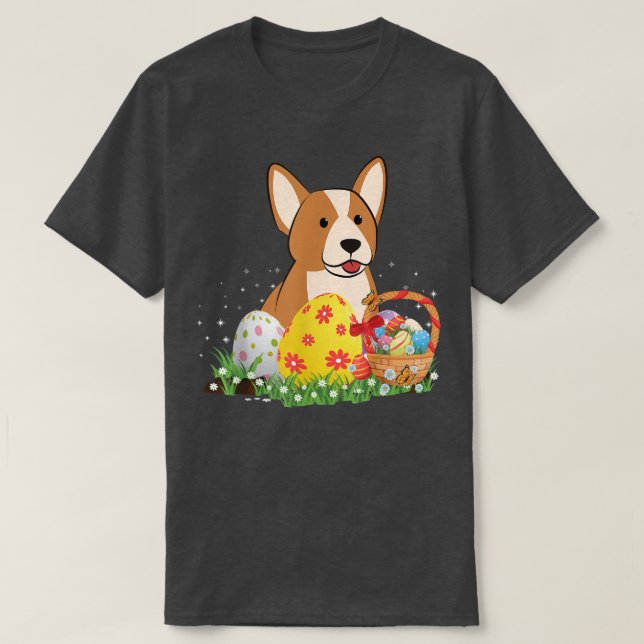 Cute Welsh Corgi Dog s Easter Eggs And Basket  T-Shirt (Design Front)
