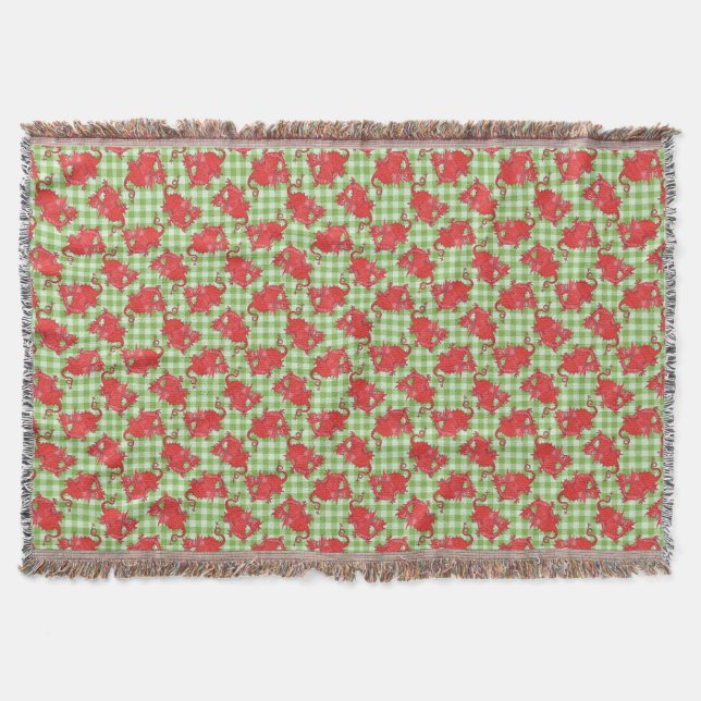 Cute Welsh Red Dragons on Green Check Gingham Throw Blanket (Front)