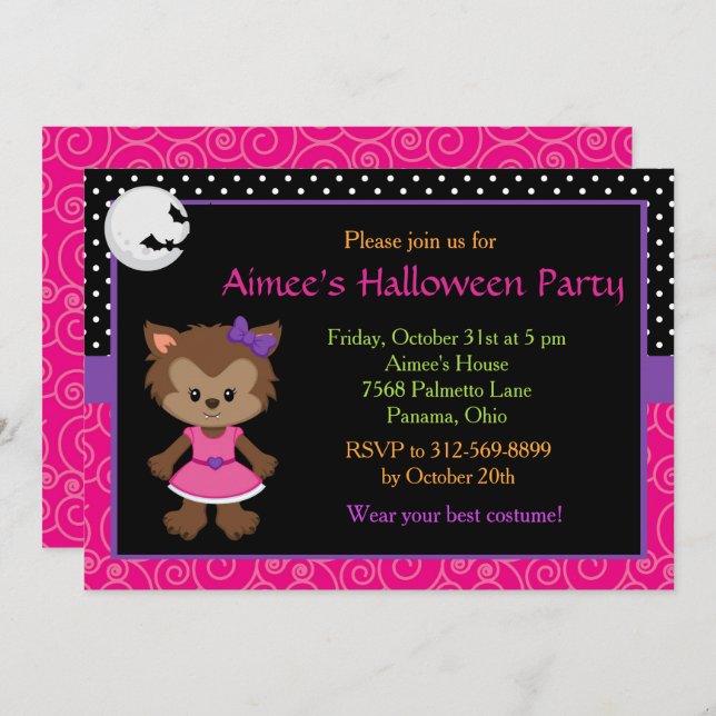 Cute Werewolf Girl Halloween Party Invitation (Front/Back)