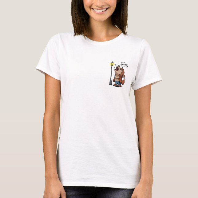 Cute Werewolf Howling Under Street Lamp Cartoon T-Shirt (Front)