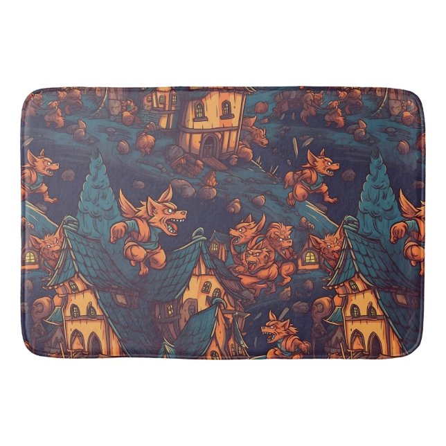 Cute Werewolves Running Around a Village Bath Mat (Front)