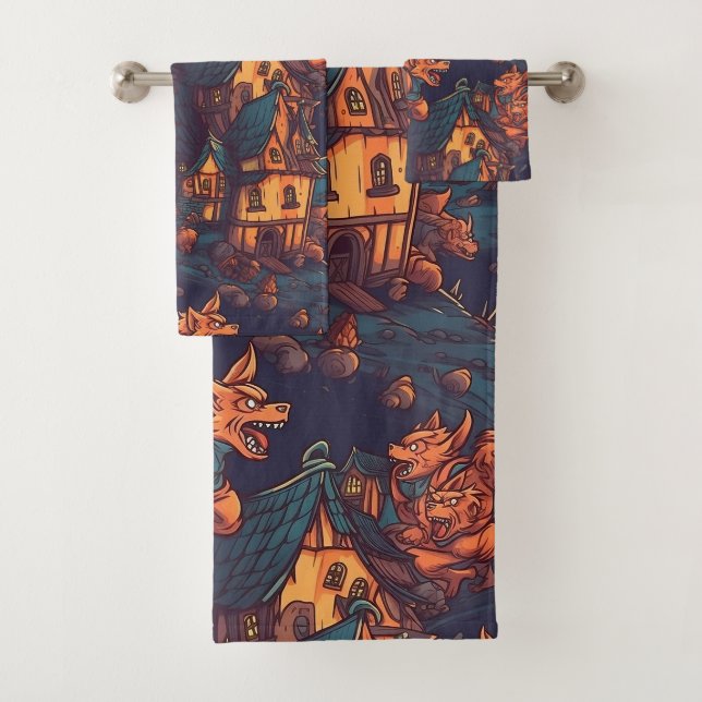 Cute Werewolves Running Around a Village Bath Towel Set (Insitu)