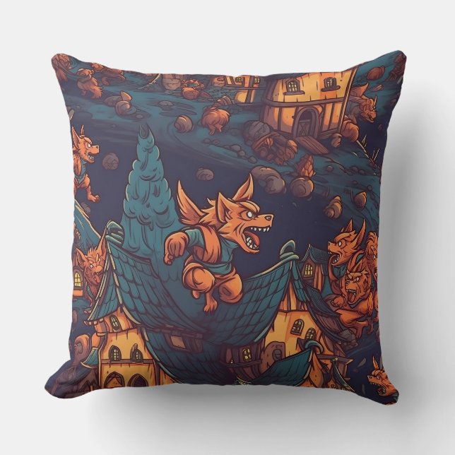 Cute Werewolves Running Around a Village Cushion (Front)