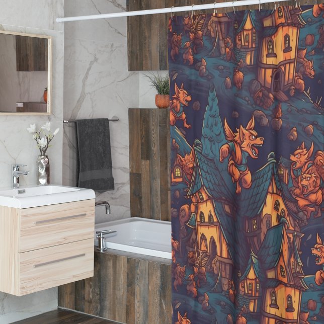 Cute Werewolves Running Around a Village Shower Curtain (Creator Uploaded)