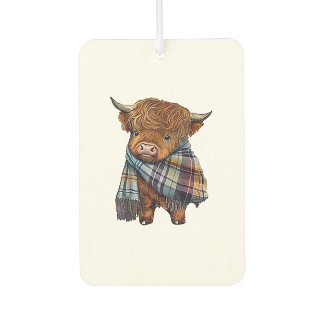 Cute West Highland Cow Baby With Plaid Scarf Wrapp Car Air Freshener (Front)