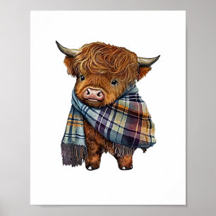 Cute West Highland Cow Baby With Plaid Scarf Wrapp Poster