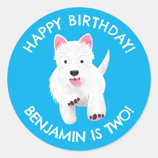Cute west highland terrier personalised birthday classic round sticker (Front)