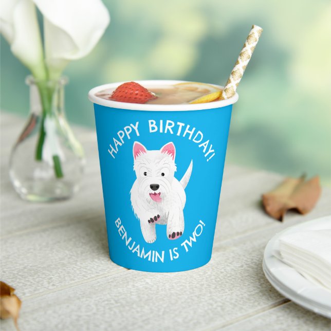 Cute west highland terrier personalised birthday paper cups (Insitu)