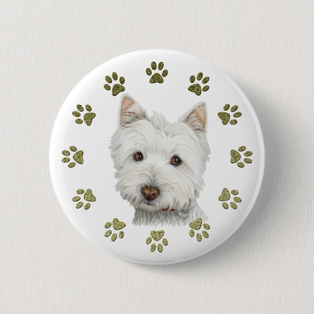 Cute West Highland White Terrier Dog and Paws 6 Cm Round Badge (Front)