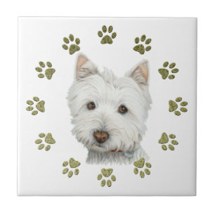 Cute West Highland White Terrier Dog and Paws Tile