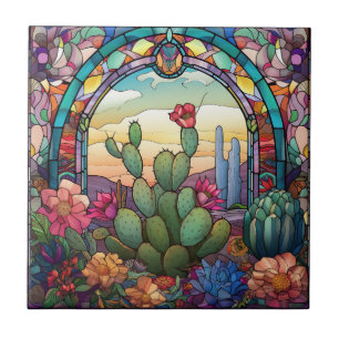 cute western cactus lovers stained glass ceramic tile