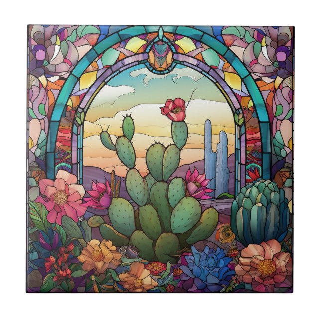 cute western cactus lovers stained glass  ceramic tile (Front)