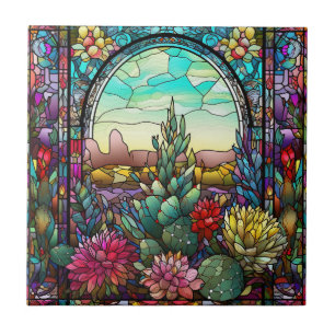 cute western cactus lovers stained glass  ceramic tile