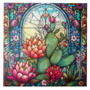 cute western cactus lovers stained glass  ceramic tile