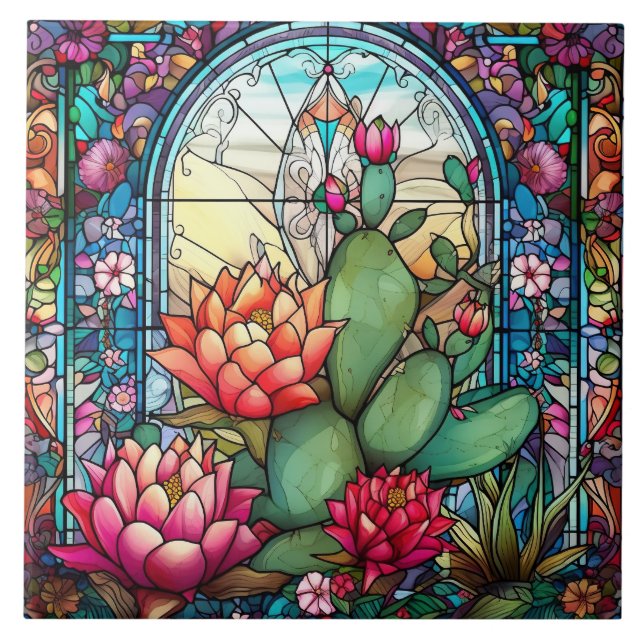 cute western cactus lovers stained glass  ceramic tile (Front)