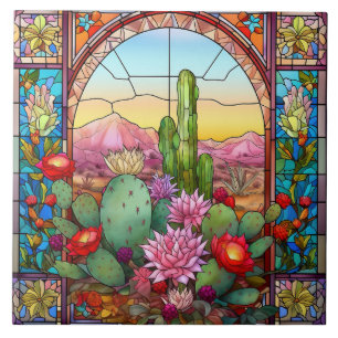 cute western cactus lovers stained glass  ceramic tile