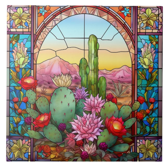 cute western cactus lovers stained glass  ceramic tile (Front)
