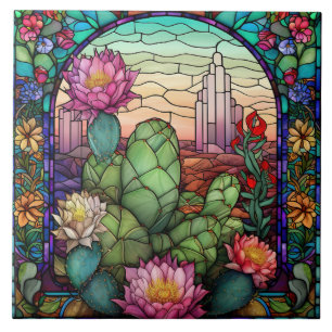 cute western cactus lovers stained glass  ceramic tile