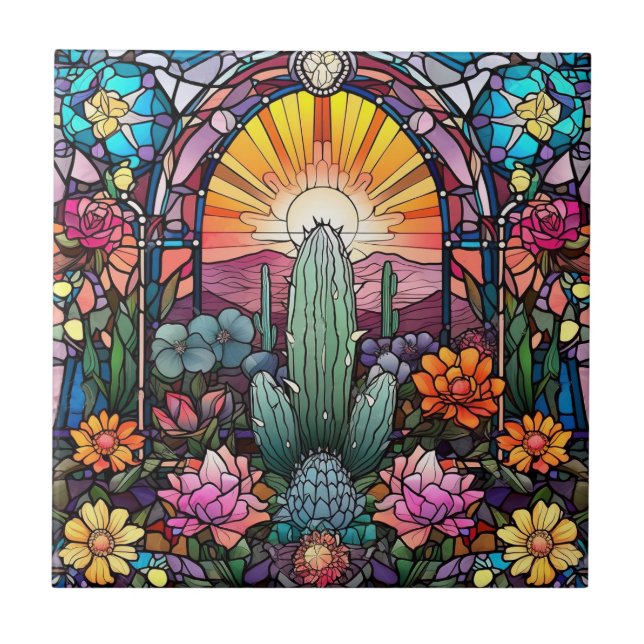 cute western cactus lovers stained glass ceramic tile (Front)