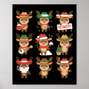 Cute Western Christmas Reindeer Howdy Characters Poster