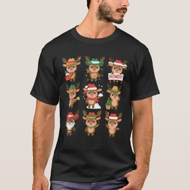 Cute Western Christmas Reindeer Howdy Characters  T-Shirt (Front)