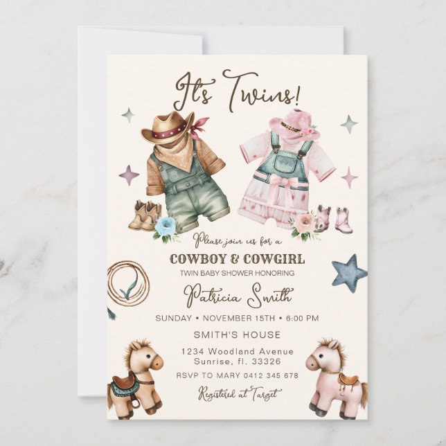 Cute Western Cowgirl and Cowboy Twin Baby Shower Invitation (Front)