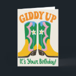 Cute Western Cowgirl Boots Retro Floral Birthday Card<br><div class="desc">This lively birthday card is full of Western charm and retro flair, featuring a pair of colourful cowboy boots decorated with playful daisies. The bold "Giddy Up" greeting and cheerful colours make it perfect for anyone who loves cowgirl vibes, country style, or just a fun, lighthearted celebration. Whether it’s for...</div>