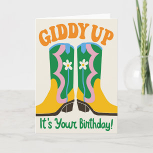 Cute Western Cowgirl Boots Retro Floral Birthday Card