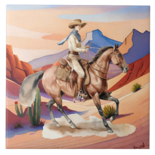cute Western cowgirl desert Ceramic Tile