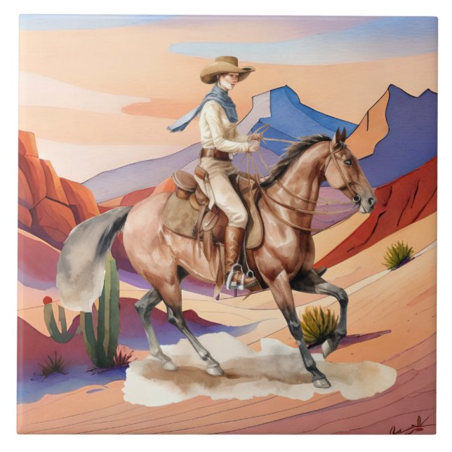 cute Western cowgirl desert  Ceramic Tile (Front)