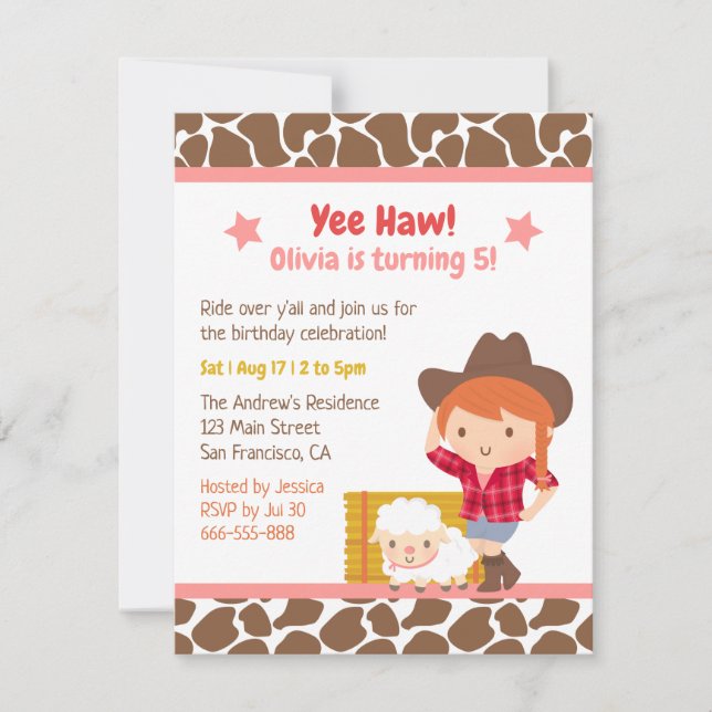 Cute Western Cowgirl Farm Kids Birthday Party Invi Invitation (Front)