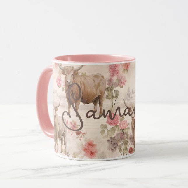 Cute Western Highland Cows Rustic Pink Floral Mug (Front Left)