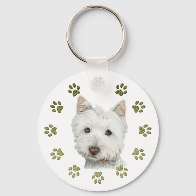 Cute Westie Dog Art and Paws Key Ring (Front)