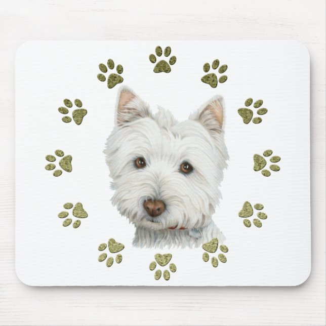 Cute Westie Dog Art and Paws Mouse Pad (Front)