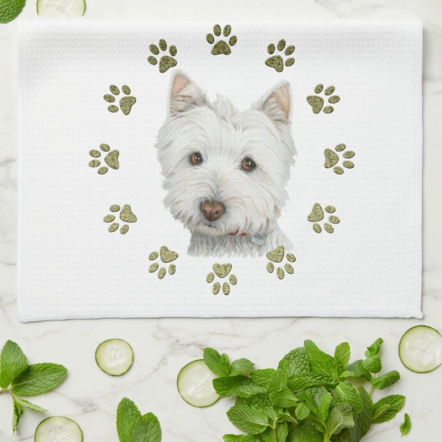 Cute Westie Dog Art and Paws Tea Towel (Folded)