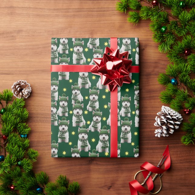 Cute Westie Dog in Green Winter Hat Pattern Wrapping Paper (Holiday Gift)