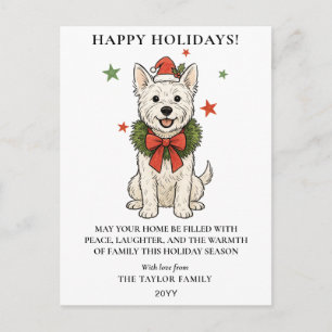 Cute Westie White Terrier Dog Red Bow Wreath Holiday Postcard