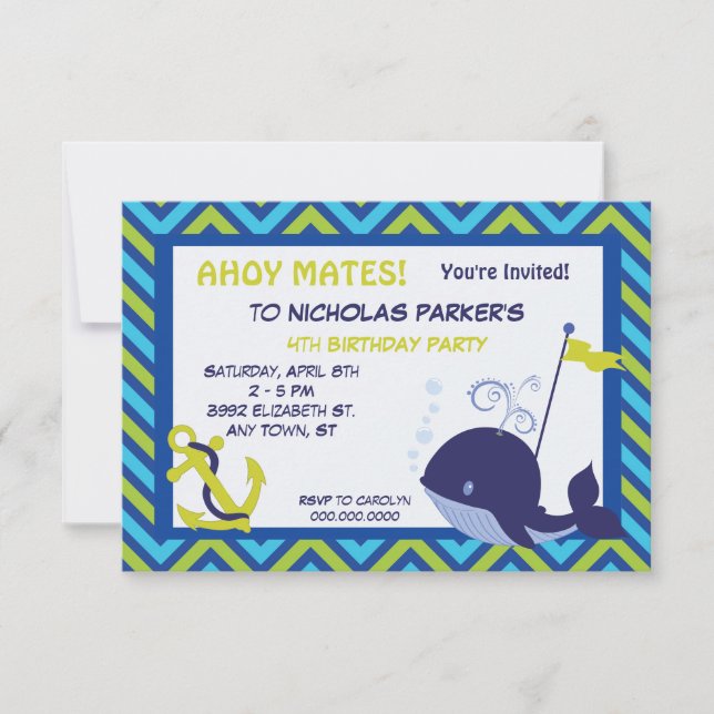 Cute Whale and Anchor Birthday Party Invitation (Front)