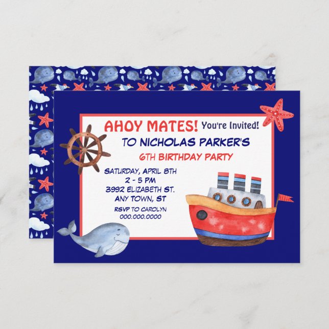 Cute Whale and Boat Birthday Party Invitation (Front/Back)