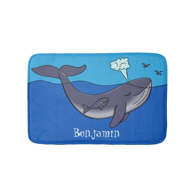 Cute whale and calf whimsical cartoon bath mat (Front)