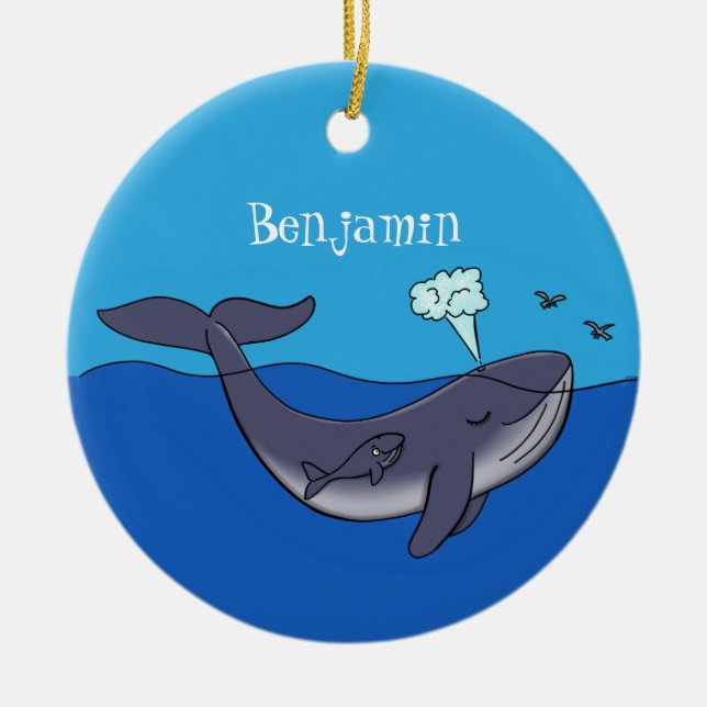 Cute whale and calf whimsical cartoon ceramic ornament (Front)